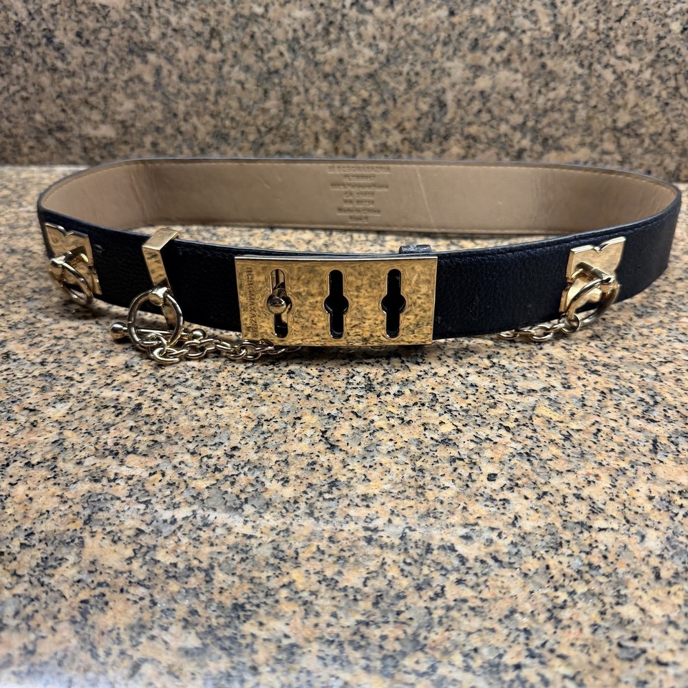 Vtg BCBG MAXAZRIA Belt SM Black Wide Gold Tone Chain Logo Toggle Buckle Stmt